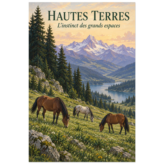 Affiche Chevaux sauvages – Hautes terres, affiche vintage / paysage peint verticale, format 30 × 45 cm