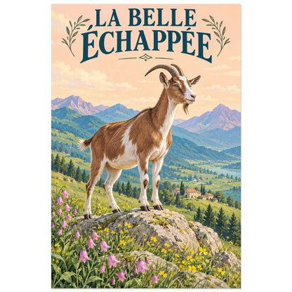 Affiche Chèvre – La belle échappée, peinture figurative / affiche de paysage verticale, format 40 × 60 cm