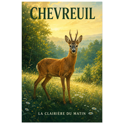 Affiche Chevreuil, la clairière du matin, illustration naturaliste peinte à typographie intégrée verticale, format 30 × 45 cm