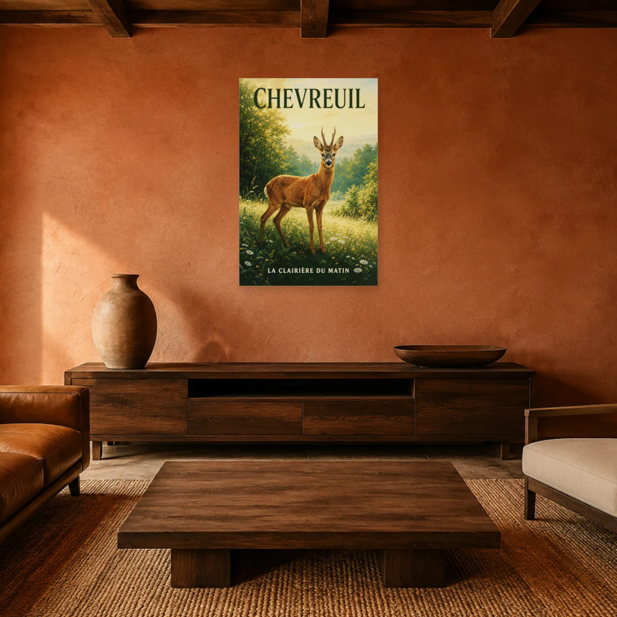 Affiche Chevreuil, la clairière du matin dans un salon - Art Virtuoso