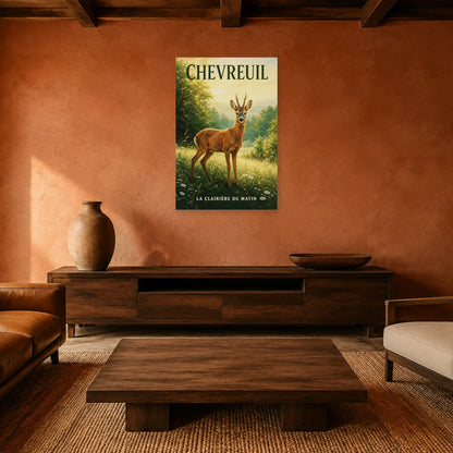 Affiche Chevreuil, la clairière du matin dans un salon - Art Virtuoso