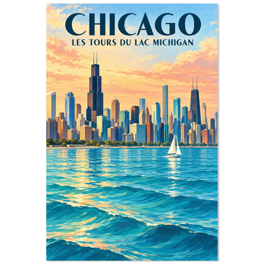 Affiche Chicago – Les tours du lac Michigan, illustration architecturale / affiche de voyage / rendu peint verticale, format 30 × 45 cm