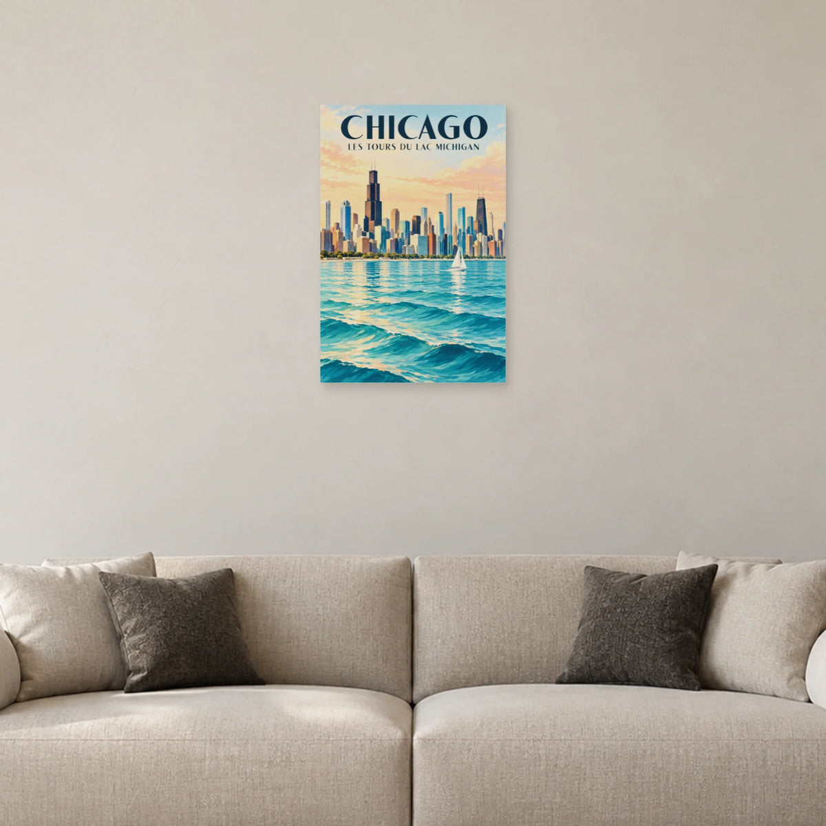 Affiche Chicago skyline du lac Michigan dans un salon - Art Virtuoso