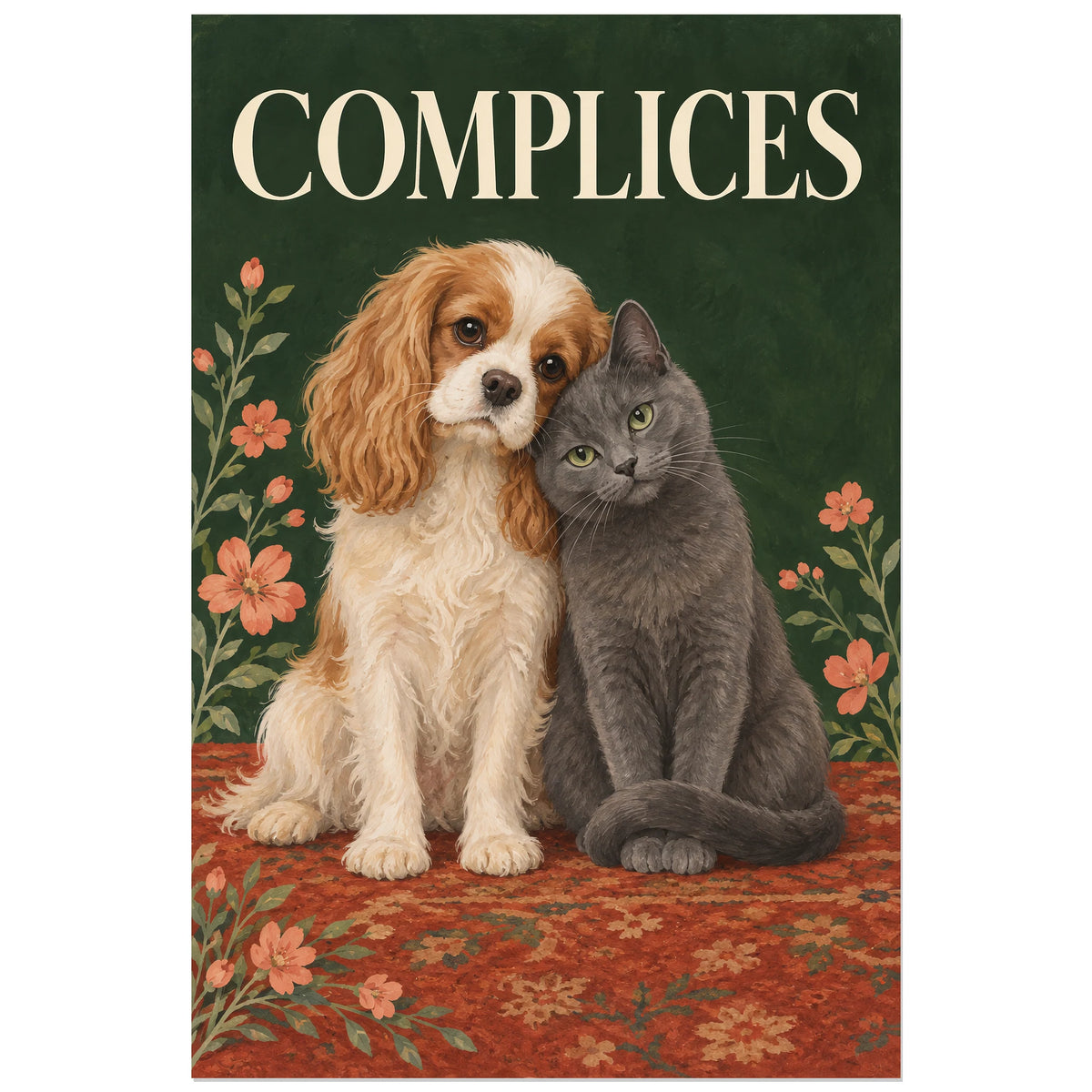 Affiche Chien et chat – Complices, gouache figurative / affiche romantique verticale, format 40 × 60 cm