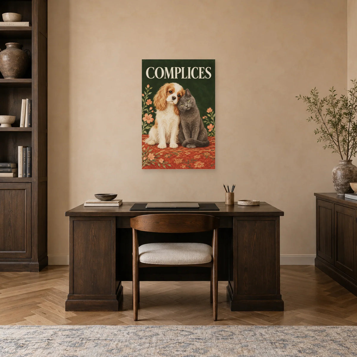 Affiche Chien et chat - Complices dans un bureau - Art Virtuoso