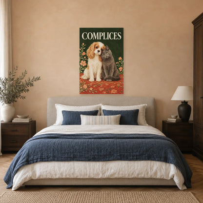 Affiche Chien et chat - Complices dans une chambre - Art Virtuoso