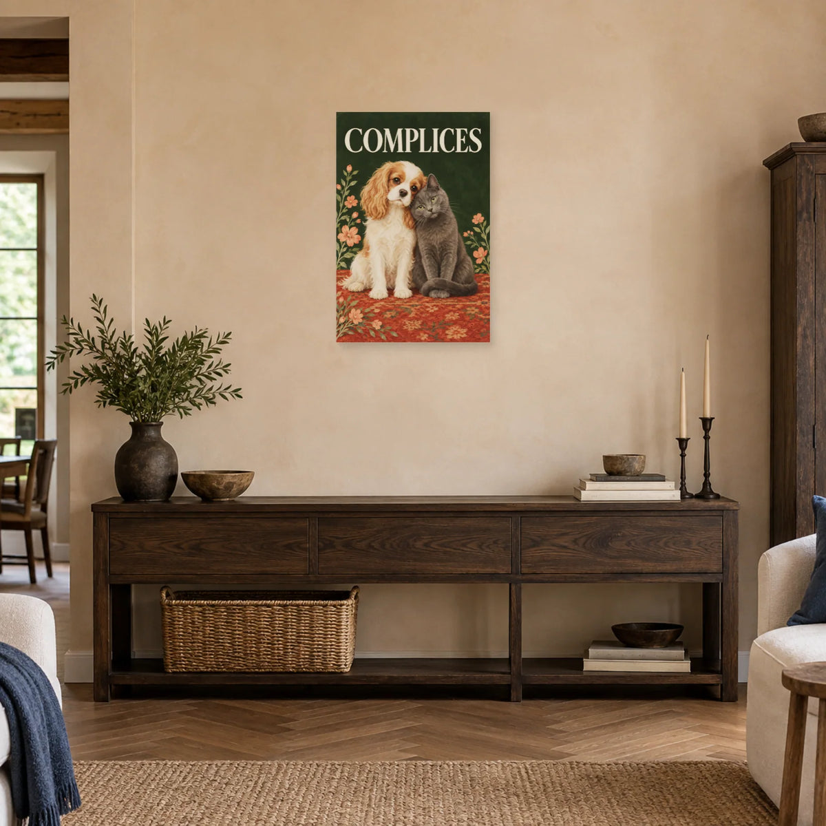 Affiche Chien et chat - Complices dans une entrée ou un couloir - Art Virtuoso