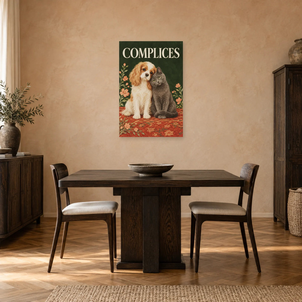 Affiche Chien et chat - Complices dans une salle à manger - Art Virtuoso