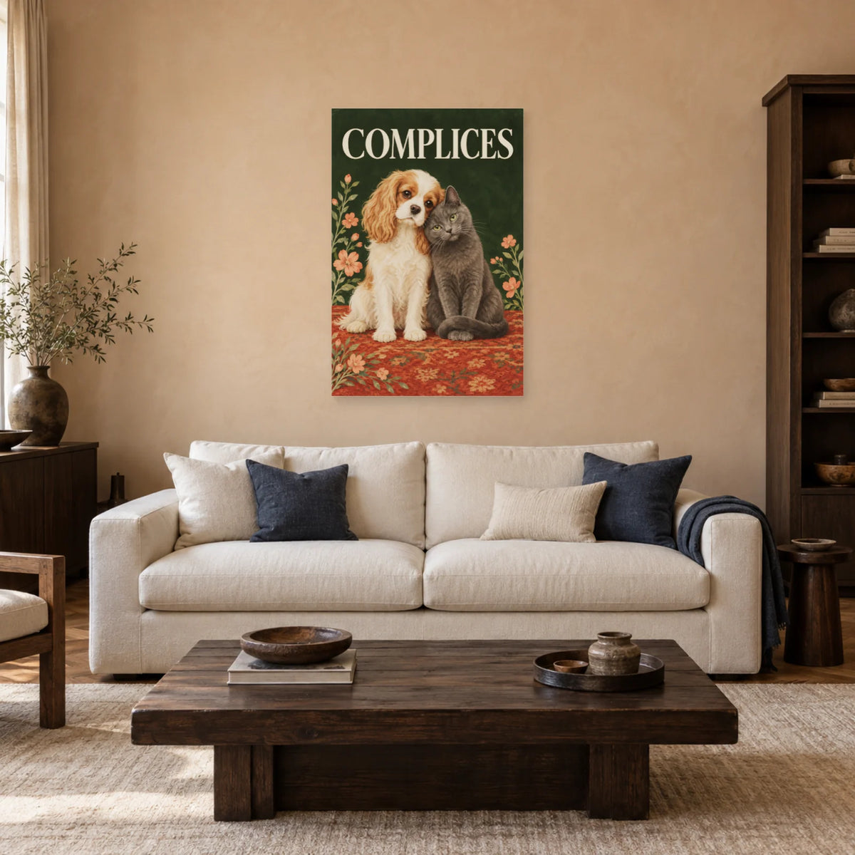 Affiche Chien et chat - Complices dans un salon - Art Virtuoso