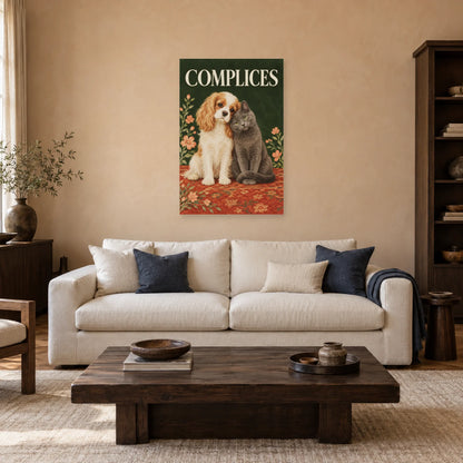 Affiche Chien et chat - Complices dans un salon - Art Virtuoso