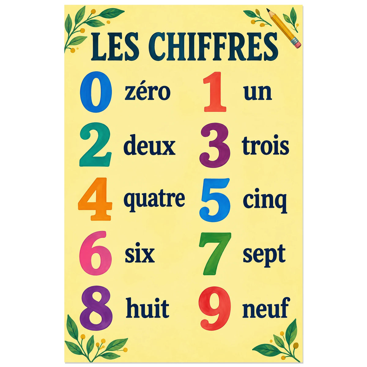 Chiffres de zéro à neuf nommés en français, affiche 30 × 45 cm