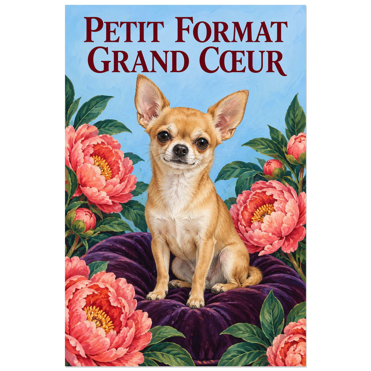 Affiche Chihuahua – Petit format, grand cœur, gouache florale / illustration décorative verticale, format 60 × 90 cm