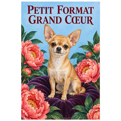 Affiche Chihuahua – Petit format, grand cœur, gouache florale / illustration décorative verticale, format 60 × 90 cm