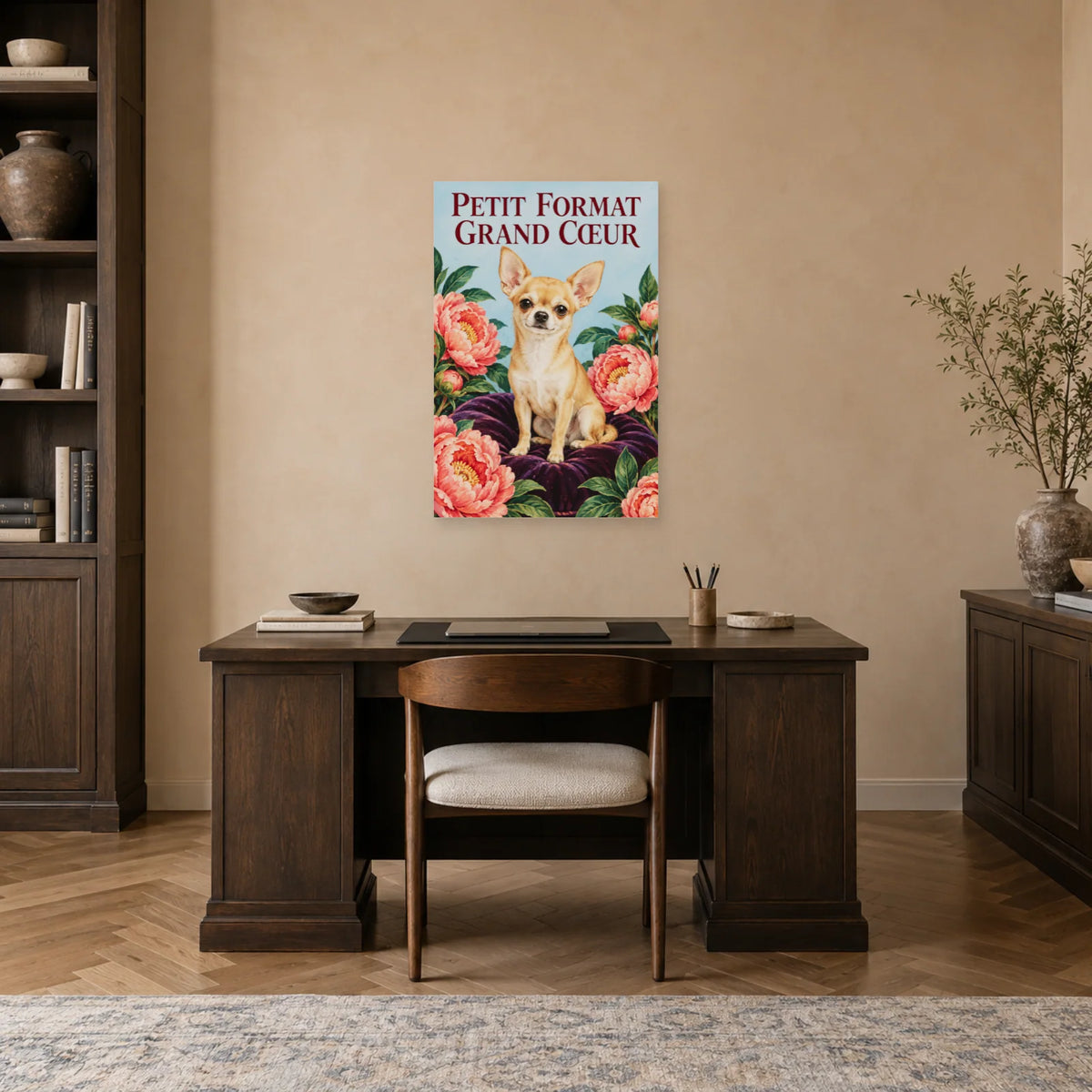 Affiche Chihuahua - Petit format grand cœur dans un bureau - Art Virtuoso