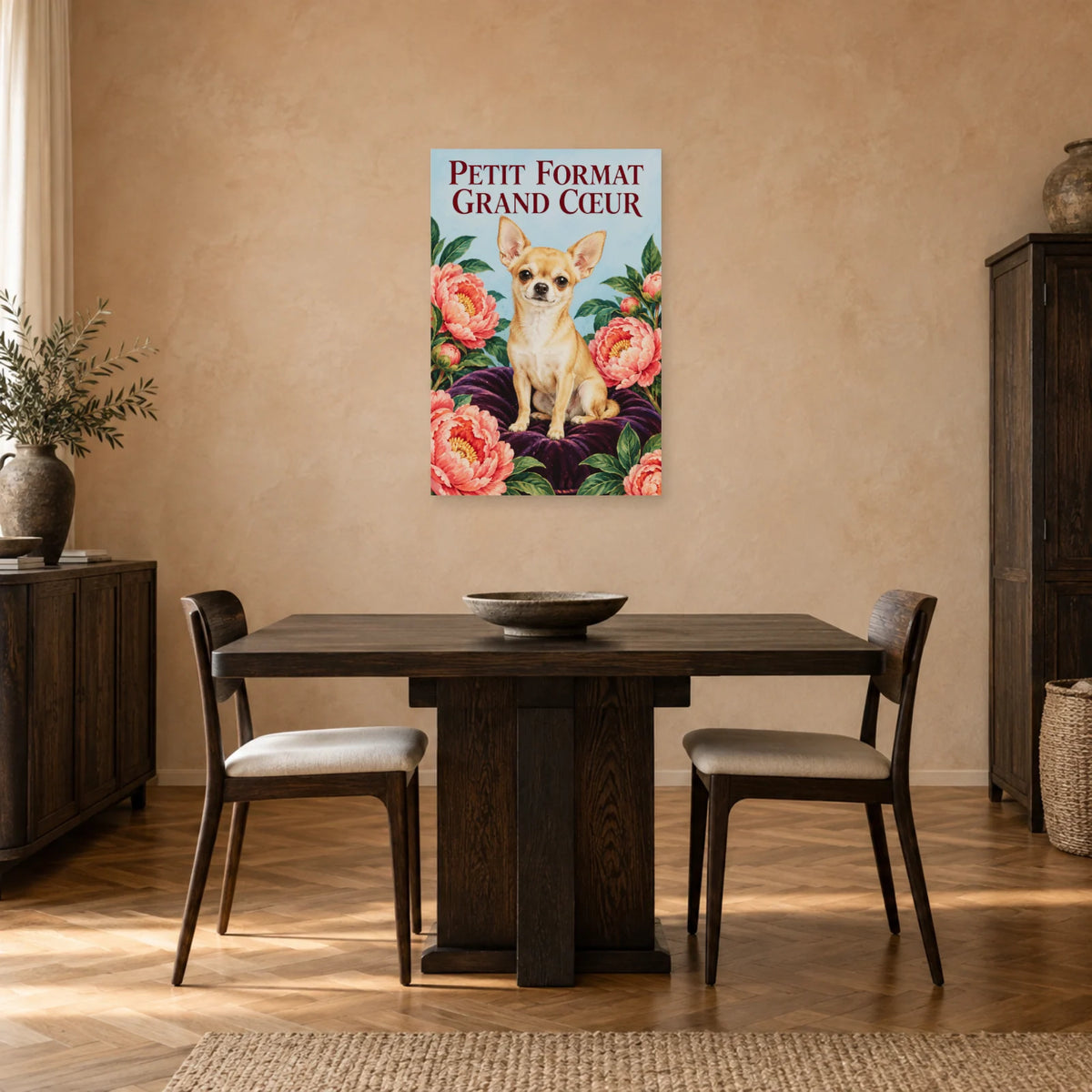 Affiche Chihuahua - Petit format grand cœur dans une salle à manger - Art Virtuoso