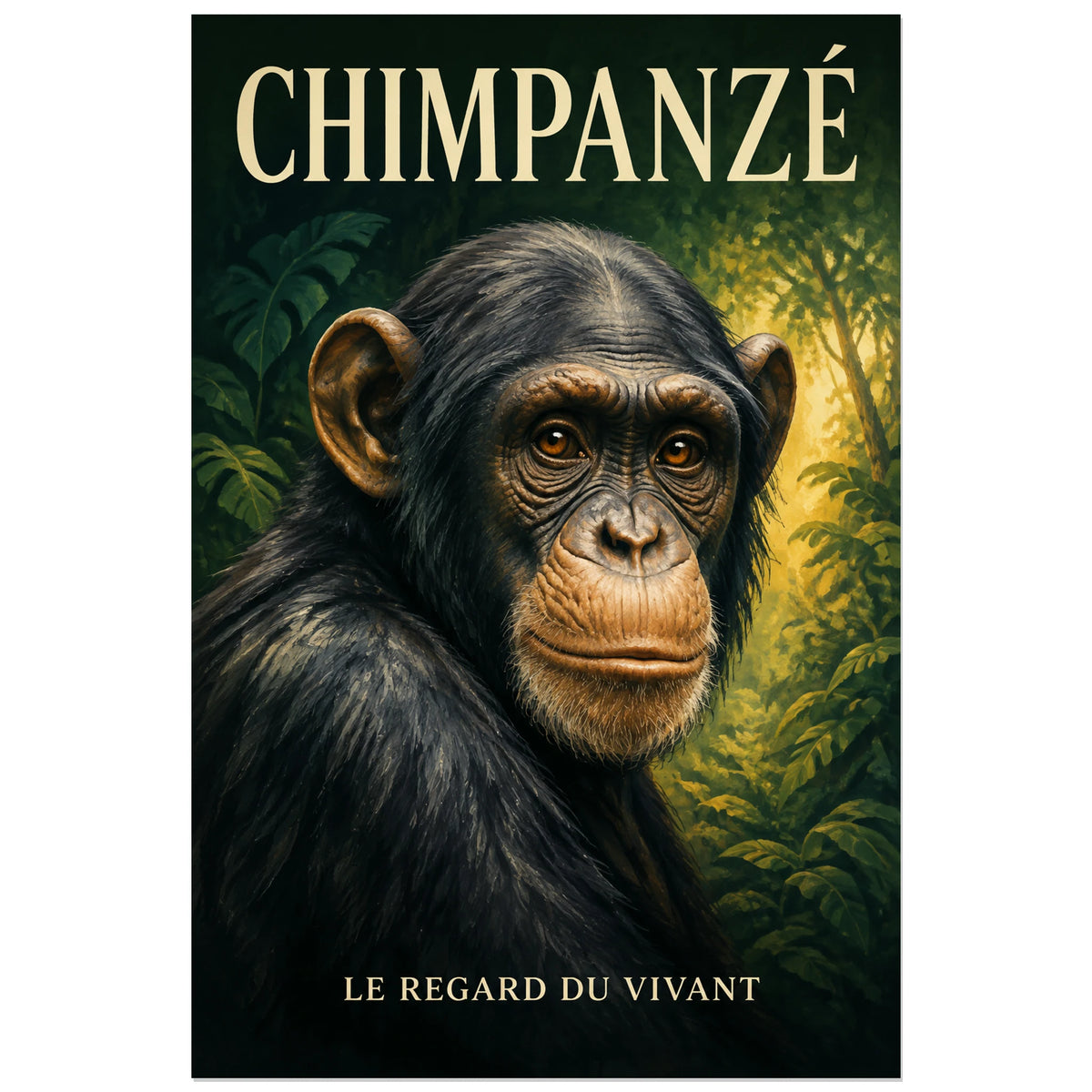 Affiche Chimpanzé, le regard du vivant, illustration naturaliste peinte à typographie intégrée verticale, format 30 × 45 cm