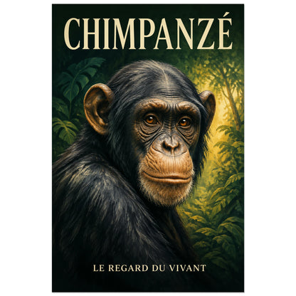 Affiche Chimpanzé, le regard du vivant, illustration naturaliste peinte à typographie intégrée verticale, format 30 × 45 cm