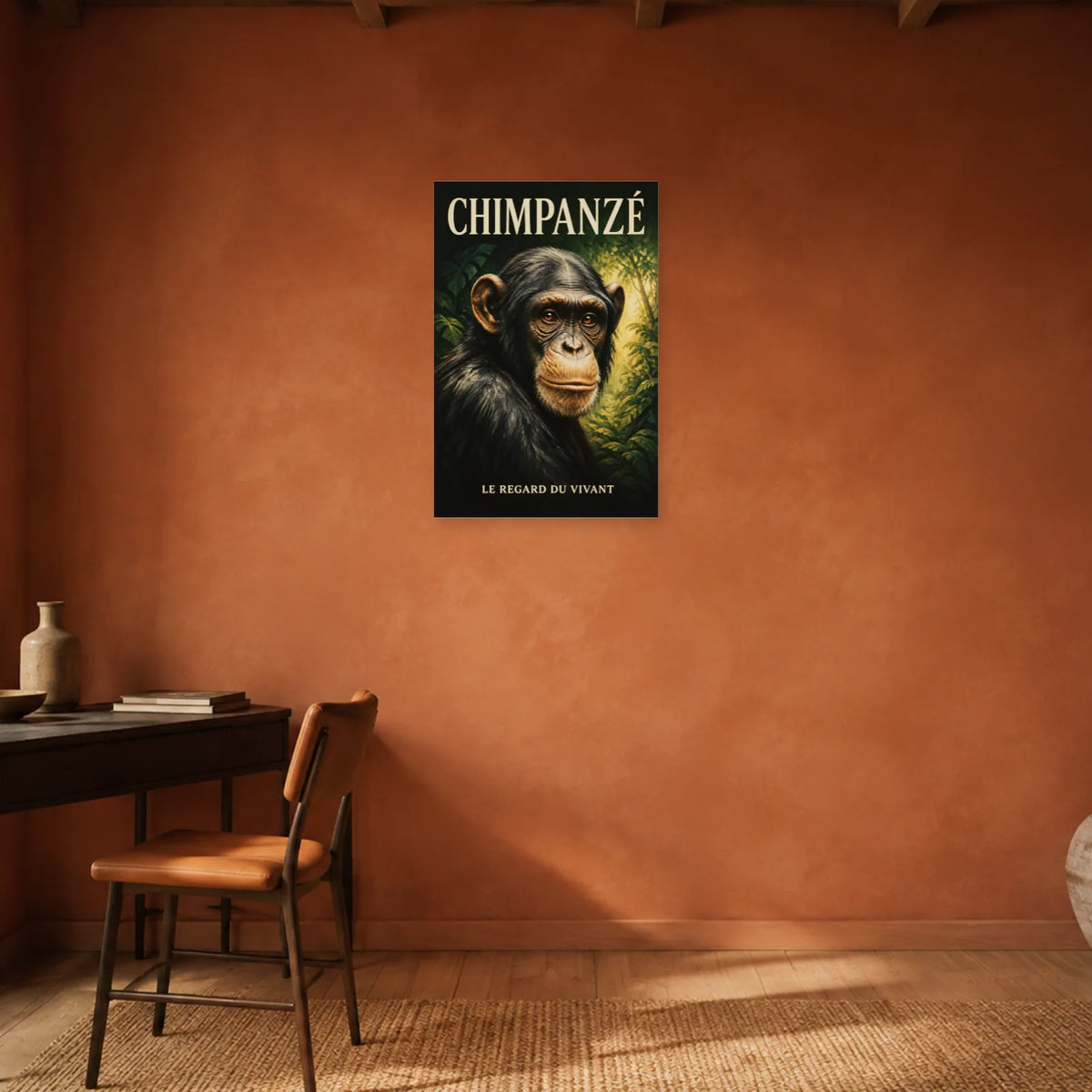 Affiche Chimpanzé, le regard du vivant dans un bureau - Art Virtuoso