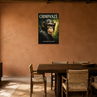 Affiche Chimpanzé, le regard du vivant dans une salle à manger - Art Virtuoso
