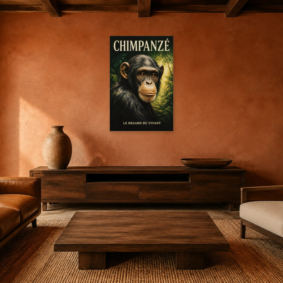 Affiche Chimpanzé, le regard du vivant dans un salon - Art Virtuoso