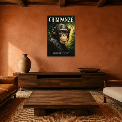Affiche Chimpanzé, le regard du vivant dans un salon - Art Virtuoso