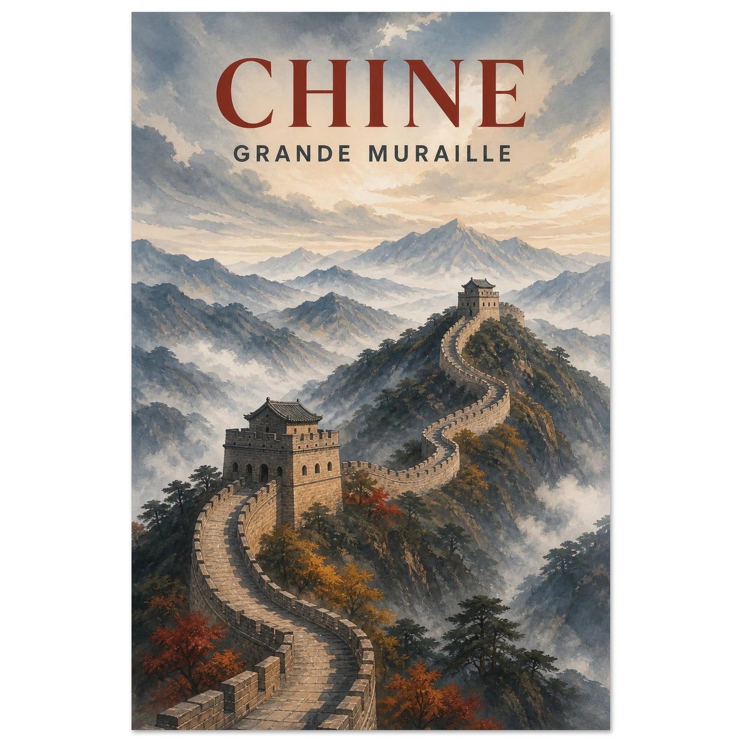 Affiche Chine – Grande Muraille, gouache contemporaine teintée de lavis atmosphérique verticale, format 40 × 60 cm
