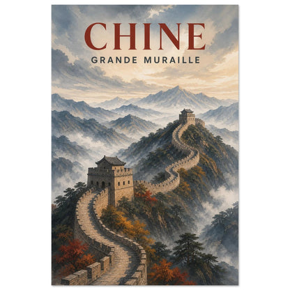 Affiche Chine – Grande Muraille, gouache contemporaine teintée de lavis atmosphérique verticale, format 40 × 60 cm