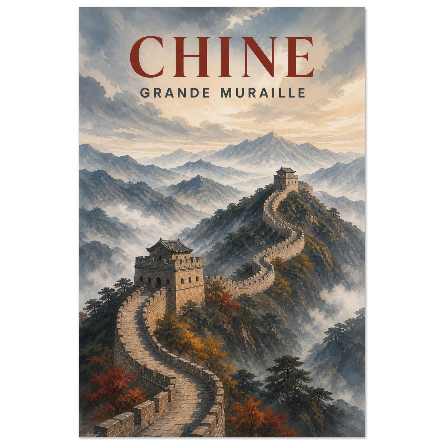 Affiche Chine – Grande Muraille, gouache contemporaine teintée de lavis atmosphérique verticale, format 60 × 90 cm