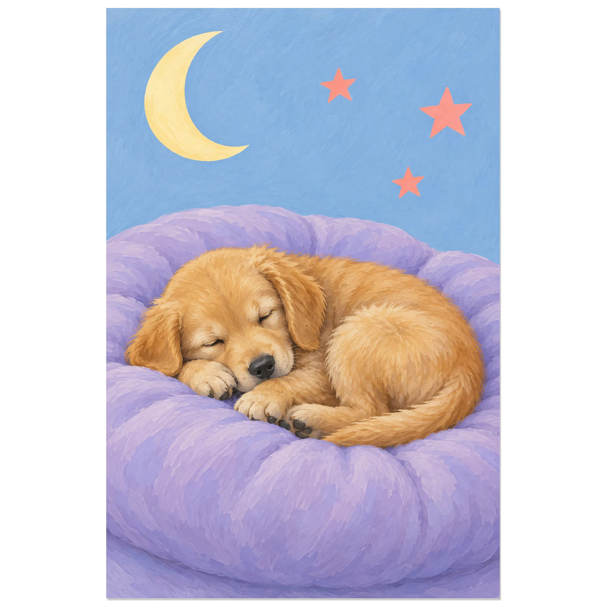 Affiche Chiot – Sieste tendre, gouache jeunesse verticale, format 30 × 45 cm