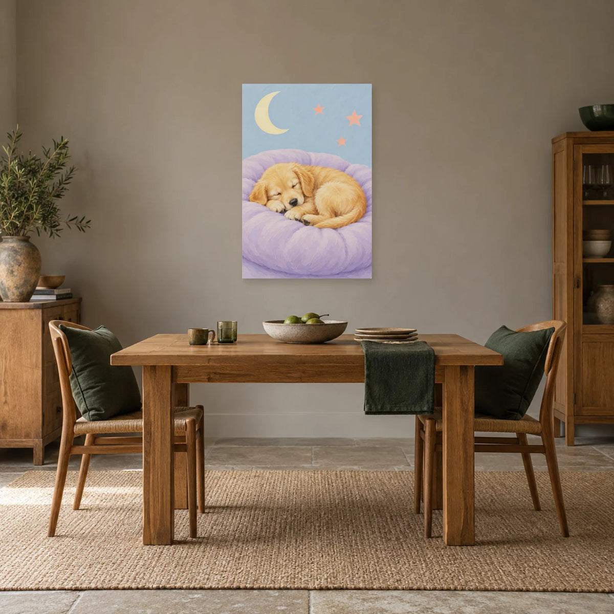 Affiche Chiot - Sieste tendre dans une salle à manger - Art Virtuoso