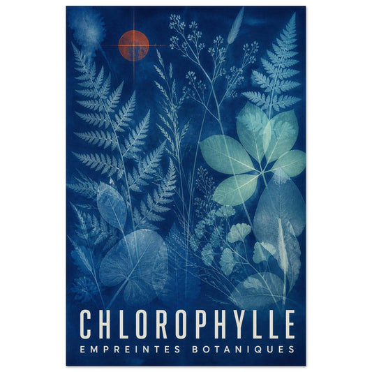 Affiche Chlorophylle – Empreintes Botaniques, cyanotype contemporain verticale, format 30 × 45 cm