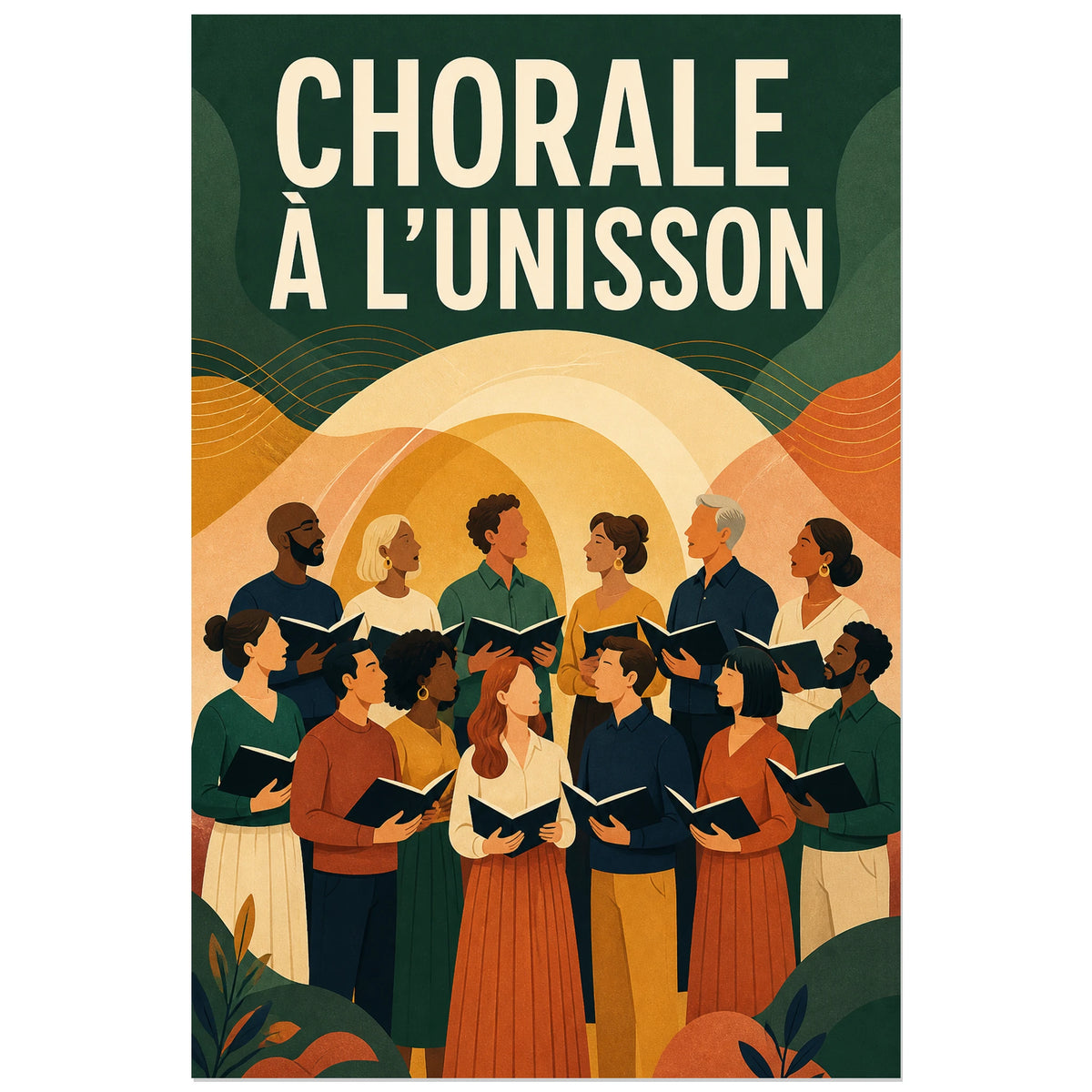 Affiche Chorale - A l unisson, illustration chorale mid-century chaleureuse verticale, format 30 × 45 cm
