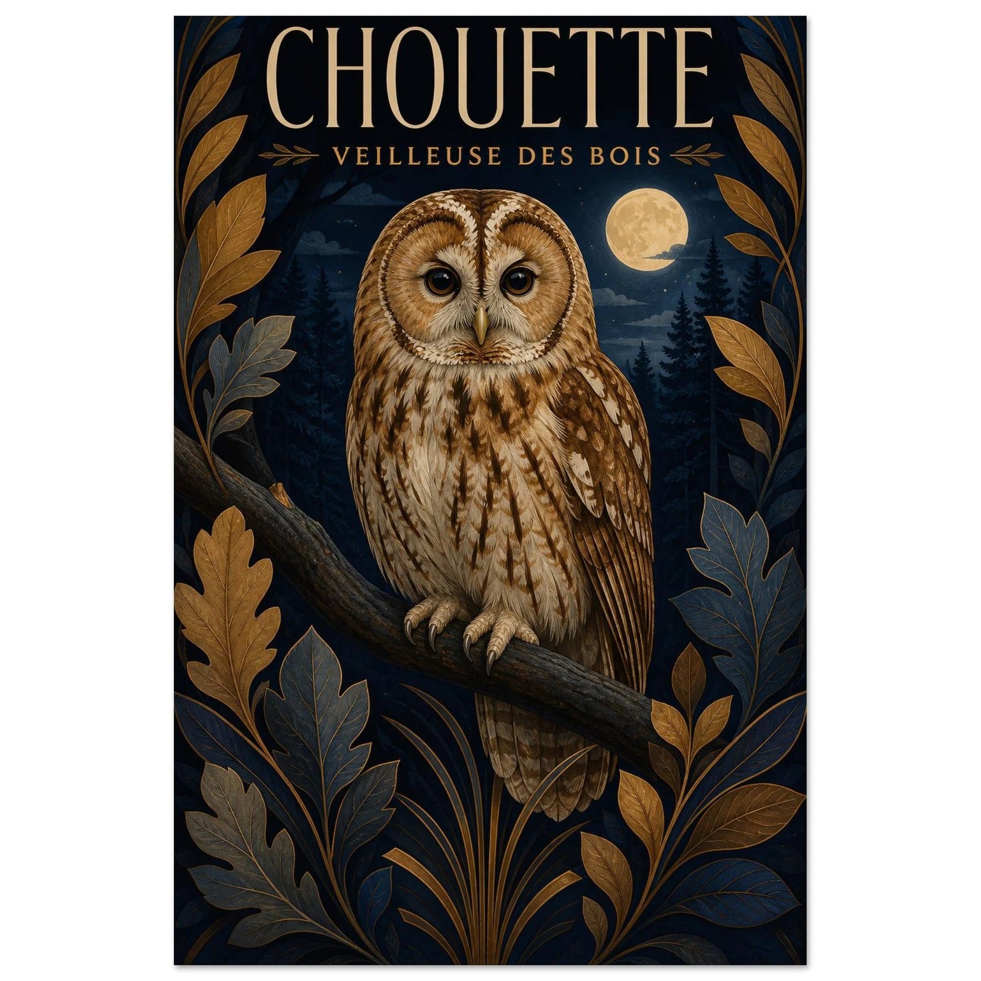 Affiche Chouette – Veilleuse des Bois, gouache contemporaine verticale, format 30 × 45 cm