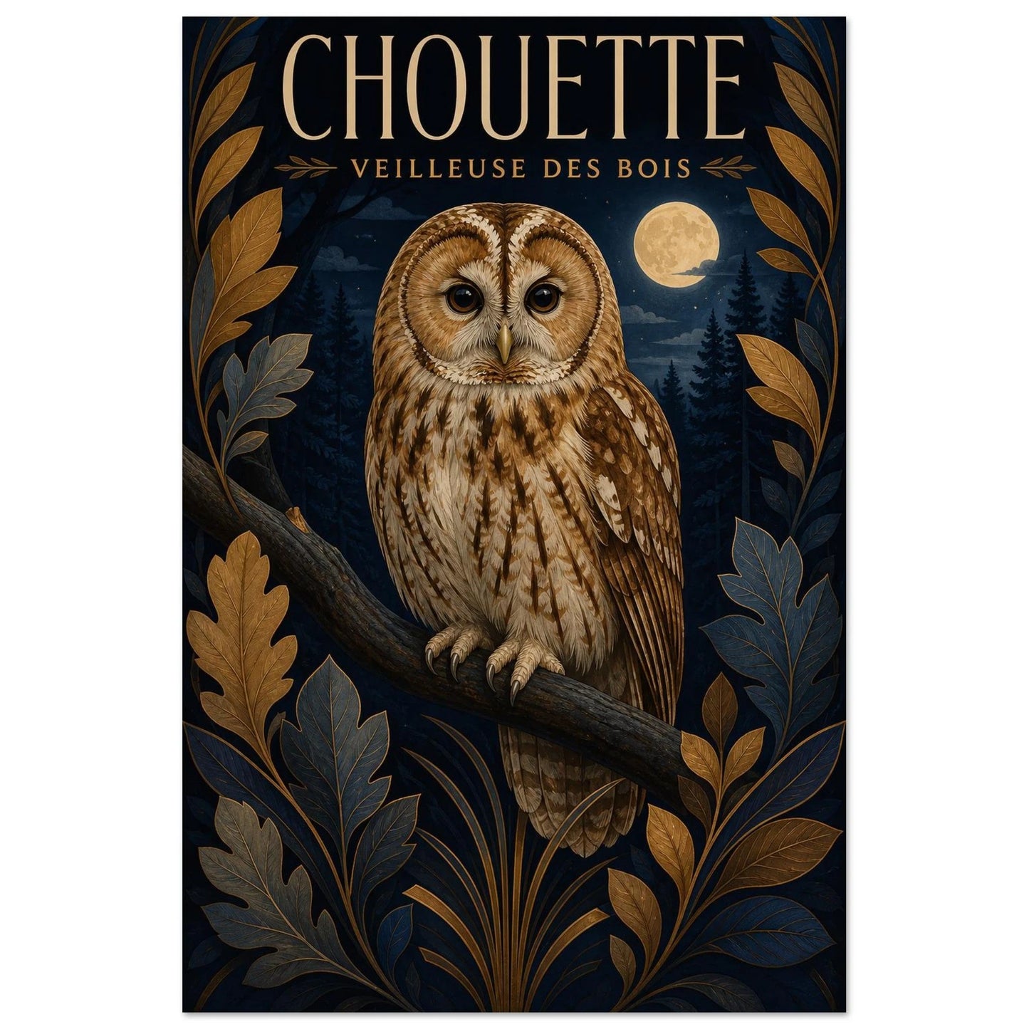 Affiche Chouette – Veilleuse des Bois, gouache contemporaine verticale, format 60 × 90 cm