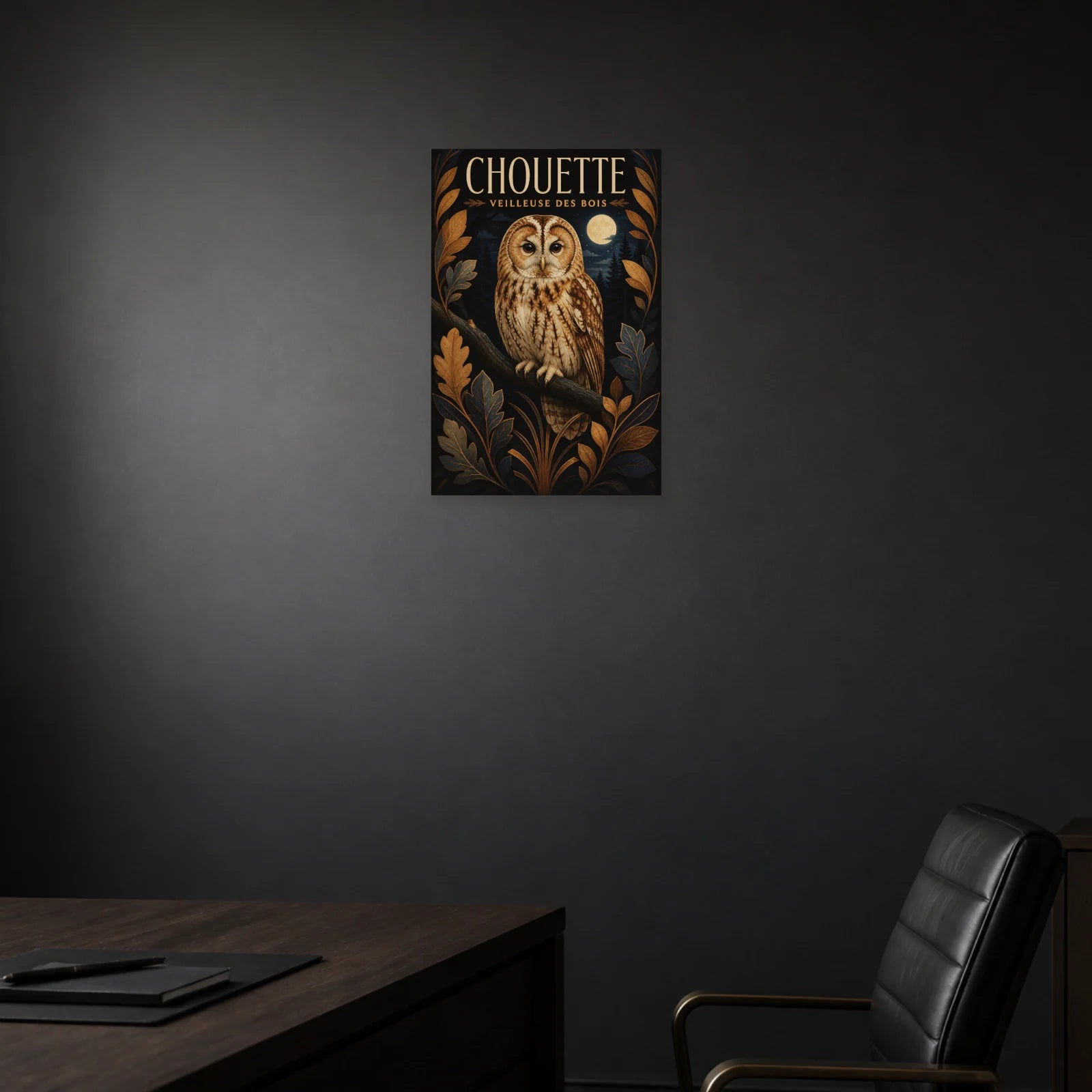 Affiche Chouette – Veilleuse des Bois dans une salle à manger - Art Virtuoso