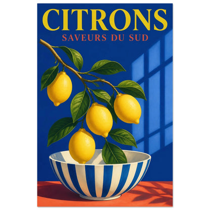 Affiche Citrons – Saveurs du Sud, illustration graphique verticale, format 60 × 90 cm