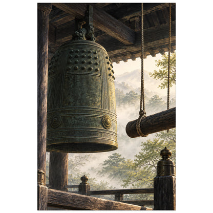 Affiche Cloche de temple - Résonance, réalisme photographique / composition architecturale verticale, format 60 × 90 cm