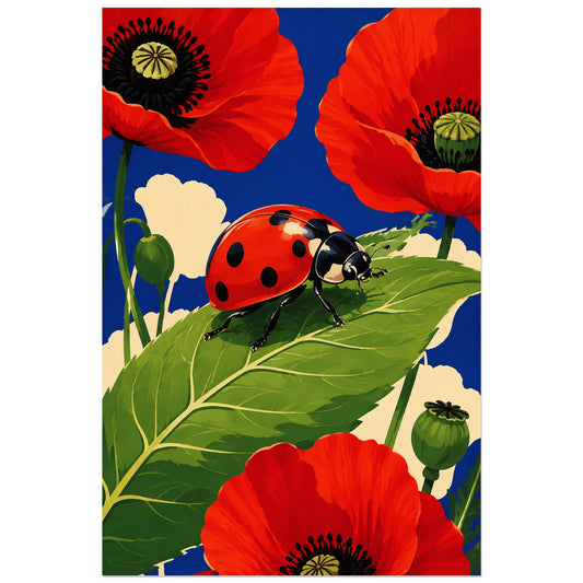 Affiche Coccinelle – Jardin pop, illustration pop / botanique graphique verticale, format 30 × 45 cm