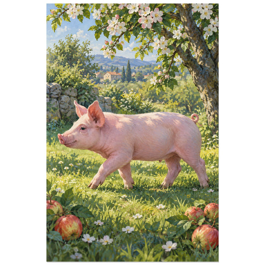 Affiche Cochon rose – Verger fleuri, peinture réaliste / paysage champêtre verticale, format 30 × 45 cm