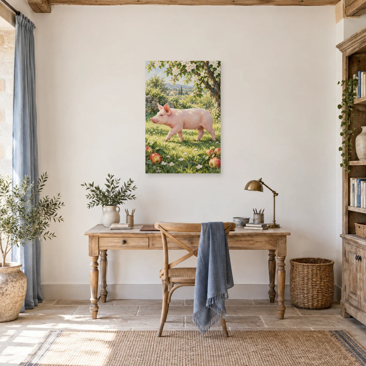 Affiche Cochon rose - Verger fleuri dans un bureau - Art Virtuoso