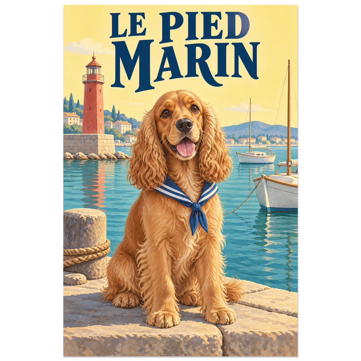 Affiche Cocker – Le pied marin, affiche de voyage / gouache figurative verticale, format 30 × 45 cm