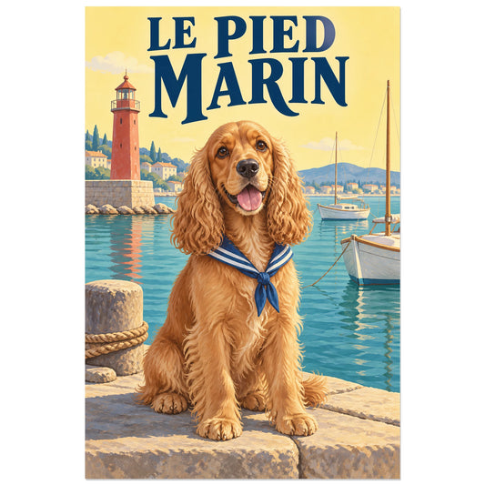 Affiche Cocker – Le pied marin, affiche de voyage / gouache figurative verticale, format 30 × 45 cm