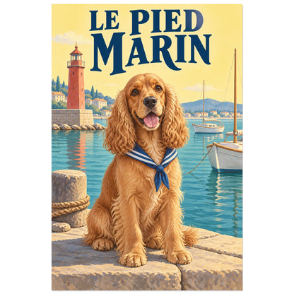 Affiche Cocker – Le pied marin, affiche de voyage / gouache figurative verticale, format 60 × 90 cm