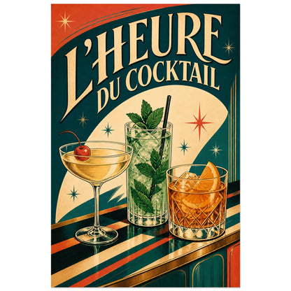Affiche L'heure du cocktail, illustration de bar rétro inspirée de l’affichisme du milieu du xxe siècle verticale, format 60 × 90 cm