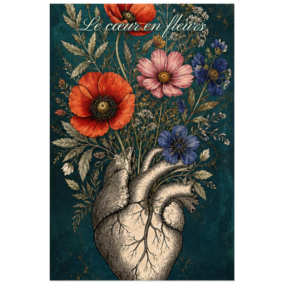 Affiche Le cœur en fleurs - Cœur anatomique botanique, planche anatomique botanique revisitée à l’encre et à la gouache verticale, format 60 × 90 cm