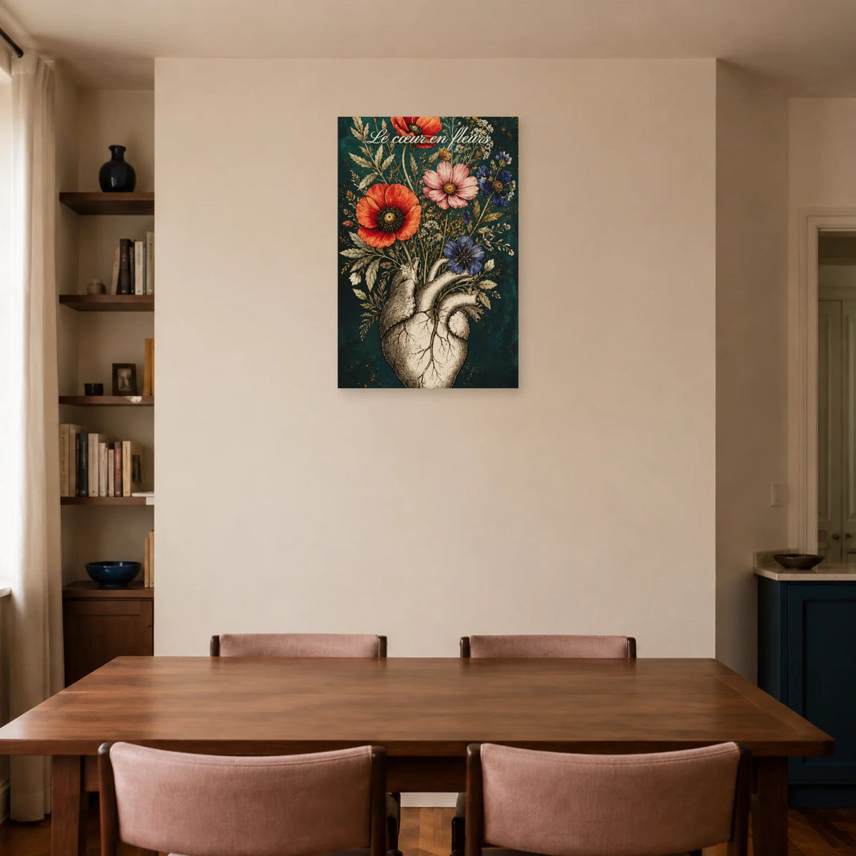 Affiche Le cœur en fleurs - Cœur anatomique botanique dans une salle à manger - Art Virtuoso