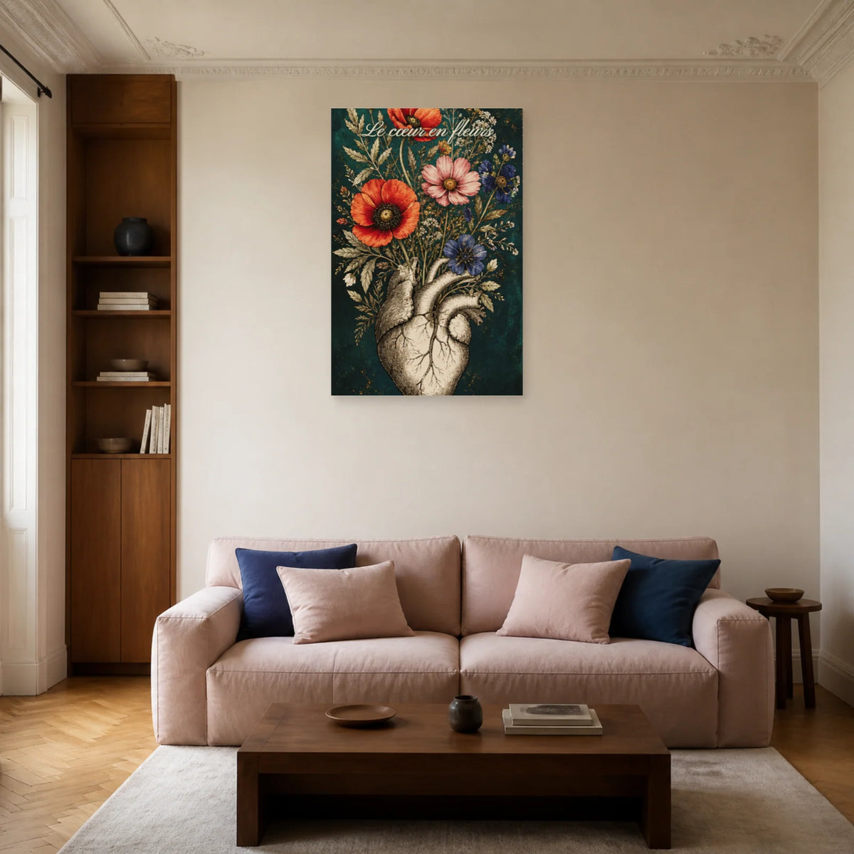 Affiche Le cœur en fleurs - Cœur anatomique botanique dans un salon - Art Virtuoso