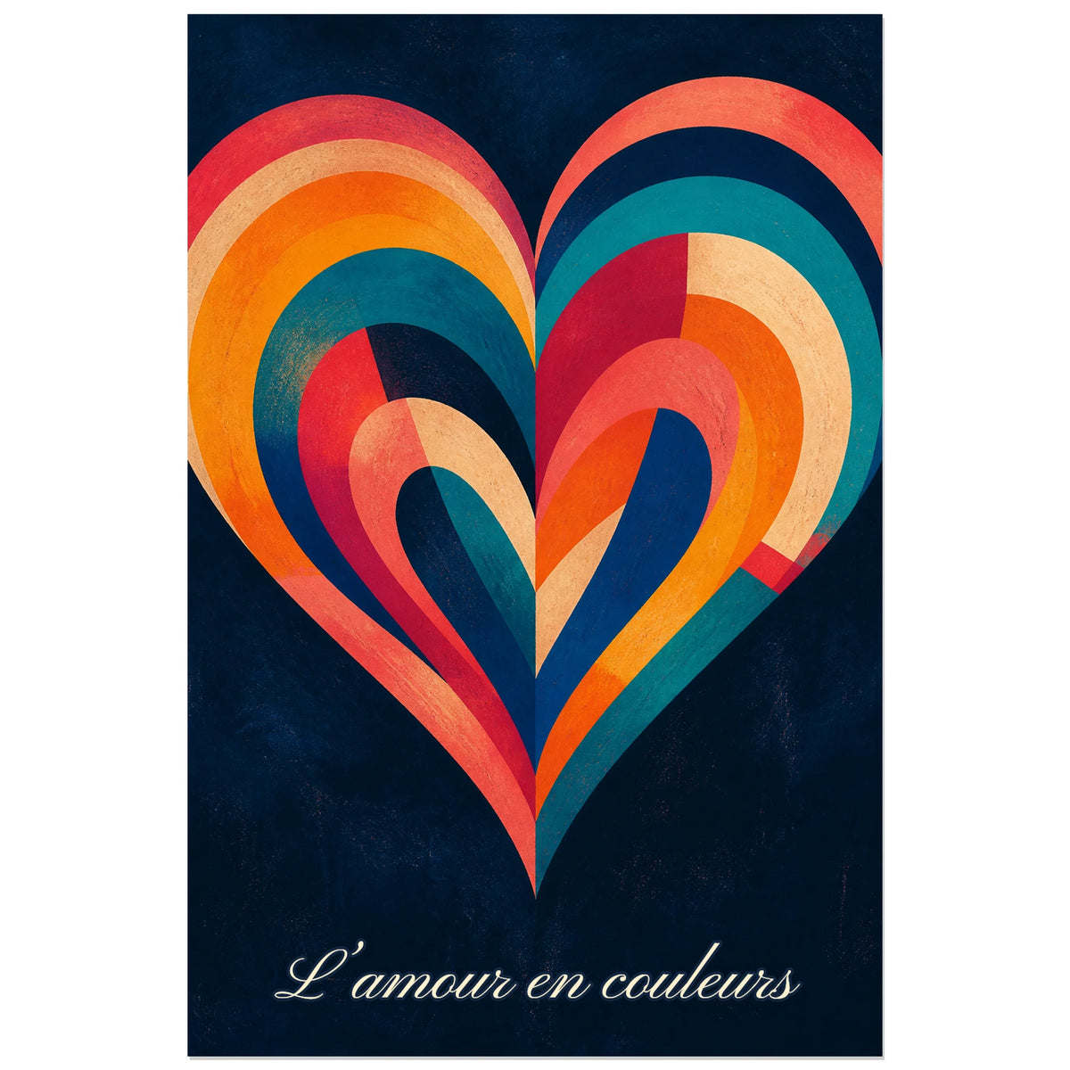 Affiche L’amour en couleurs - Cœur arc-en-ciel, sérigraphie géométrique rétro aux aplats texturés verticale, format 30 × 45 cm