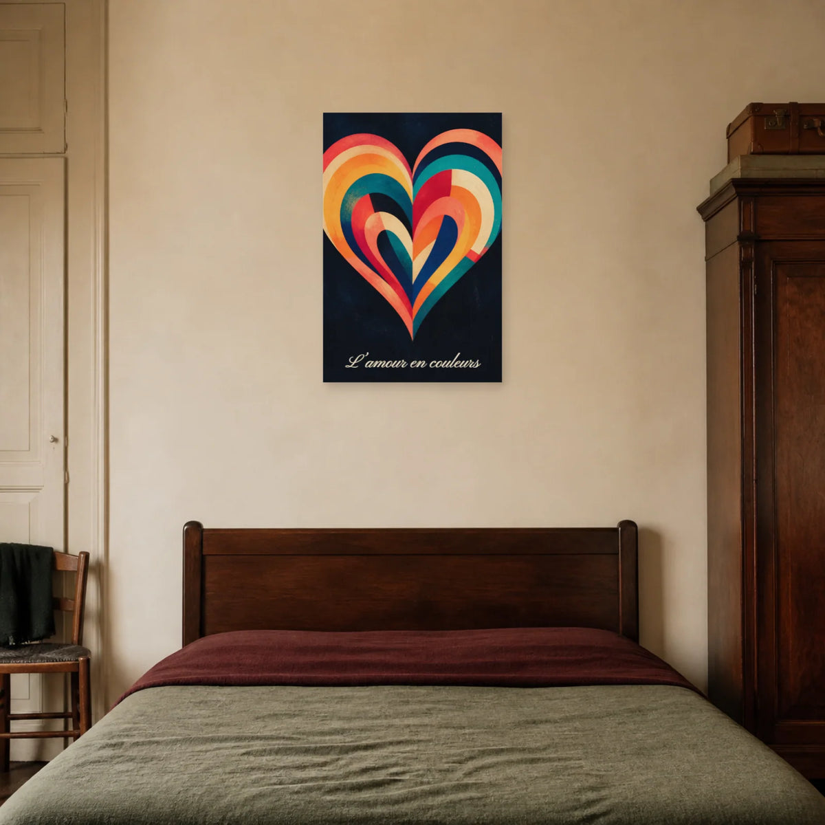Affiche L’amour en couleurs - Cœur arc-en-ciel dans une chambre - Art Virtuoso