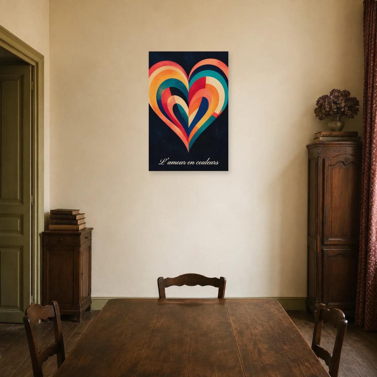 Affiche L’amour en couleurs - Cœur arc-en-ciel dans une salle à manger - Art Virtuoso
